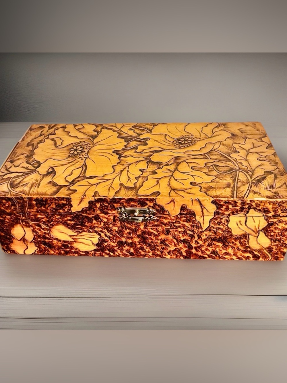 Antique Pyrography Long Dresser
Box Vintage Floral Art Nouveau Cottagecore 15"